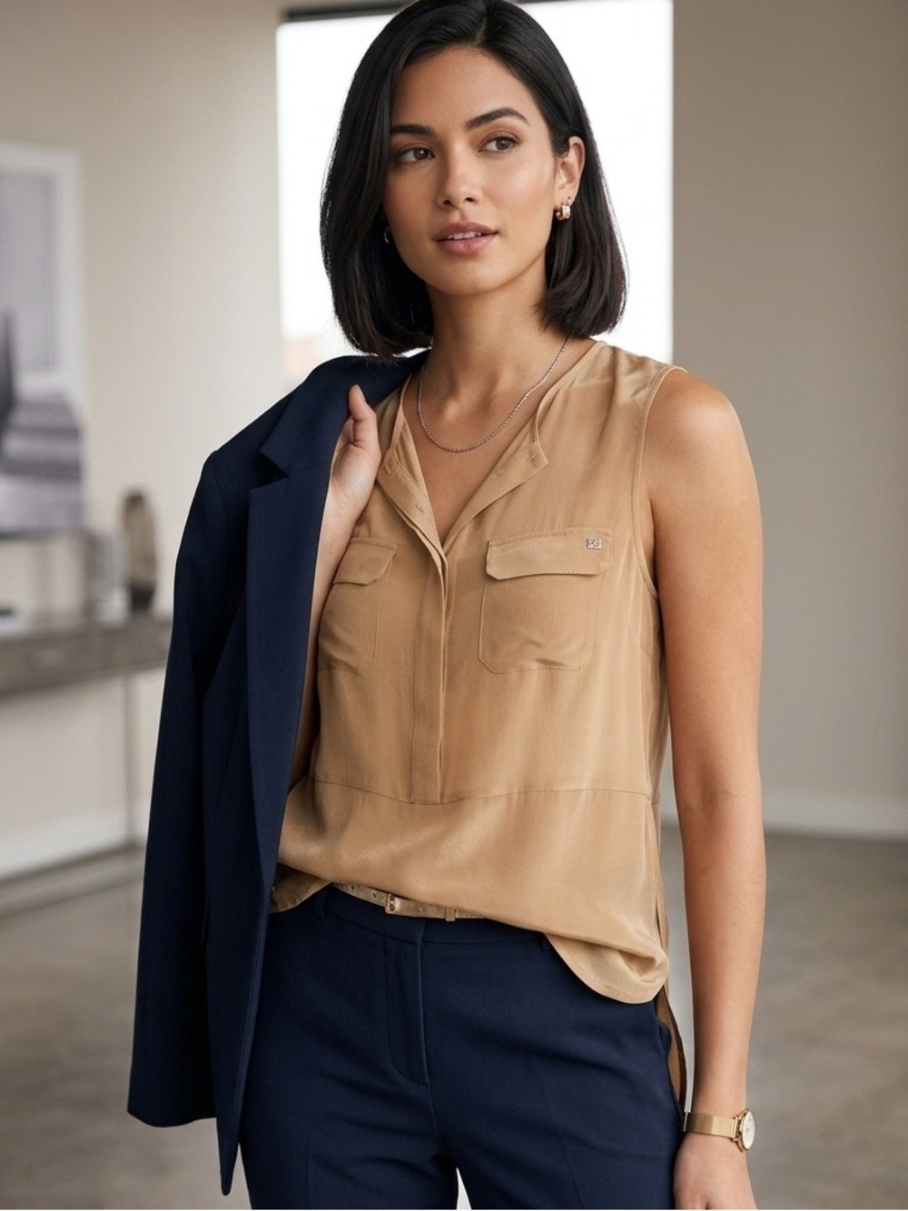 Monk & Lou Sleeveless Silk Utility Blouse V Neckline Camel, size S - Picture 1 of 10